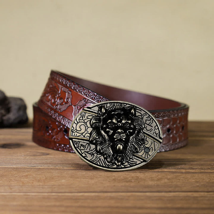 Cinturón de cuero con cuchillo plegable oculto con insignia de león para hombre