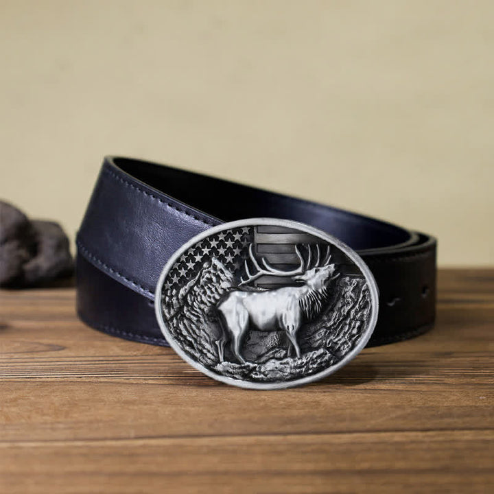 Cinturón de cuero con hebilla de bandera estadounidense con diseño de alce y ciervo para hombre