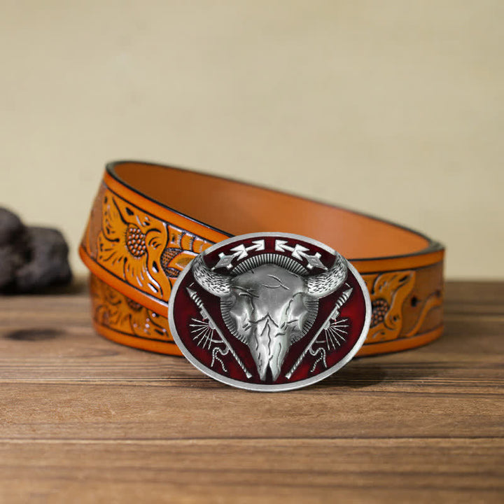 Cinturón de cuero con hebilla de calavera de toro con temática india para hombre hecho a mano