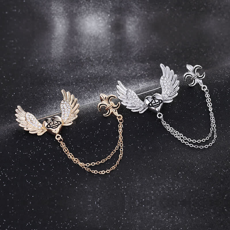 Broche de cadena con alas de ángel y corazón para hombre