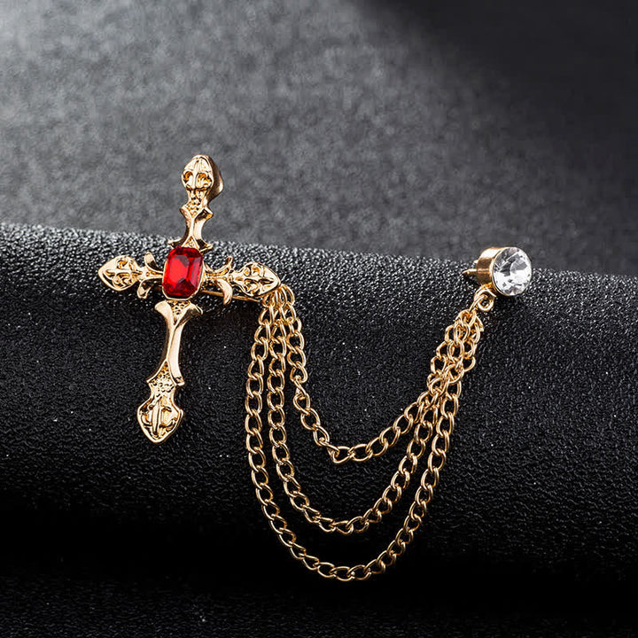 Broche clásico de cadena con cristales en forma de cruz para hombre