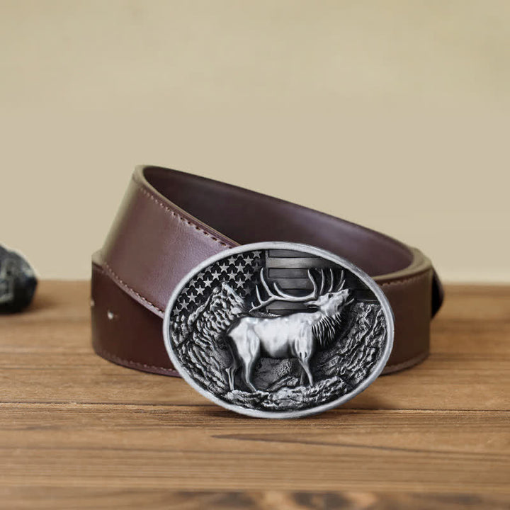 Cinturón de cuero con hebilla de bandera estadounidense con diseño de alce y ciervo para hombre