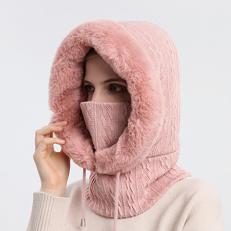 Gorro de punto con capucha y mascarilla de color caramelo para mujer