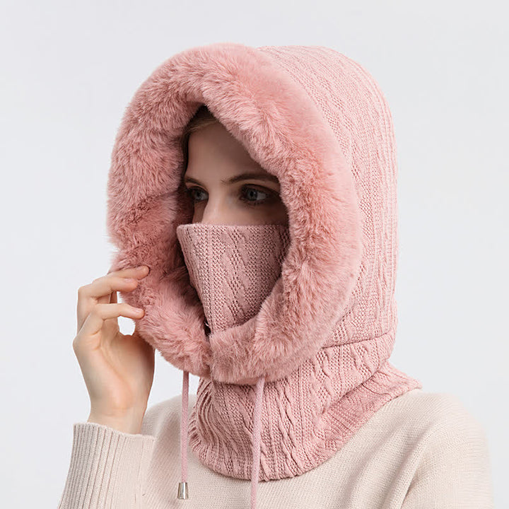 Gorro de punto con capucha y mascarilla de color caramelo para mujer
