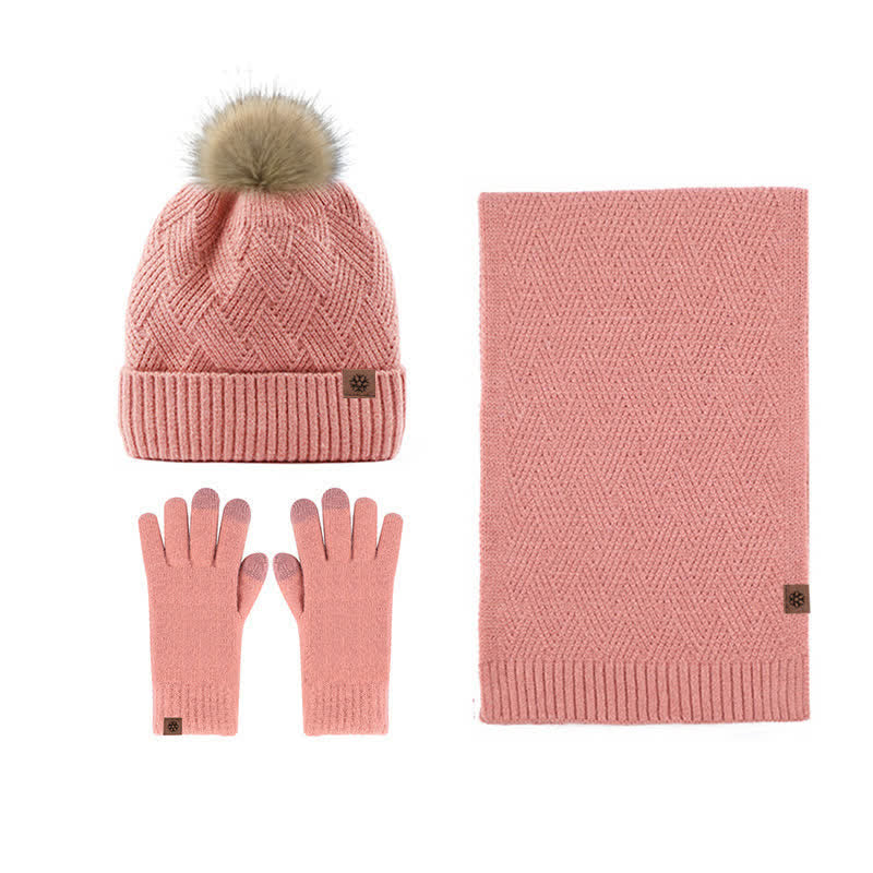 Conjunto de 3 guantes con pantalla táctil y bufanda con pompón tejido para mujer