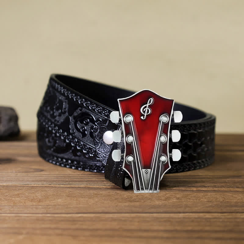 Cinturón de cuero con hebilla de clavijero de guitarra musical para hombre hecho a mano