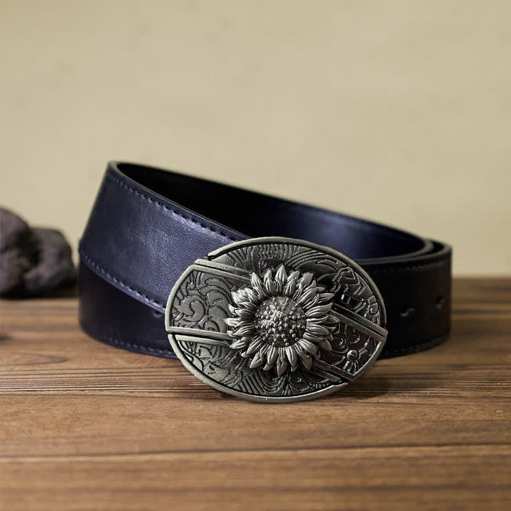 Cinturón de cuero con cuchillo plegable oculto de girasol para hombre