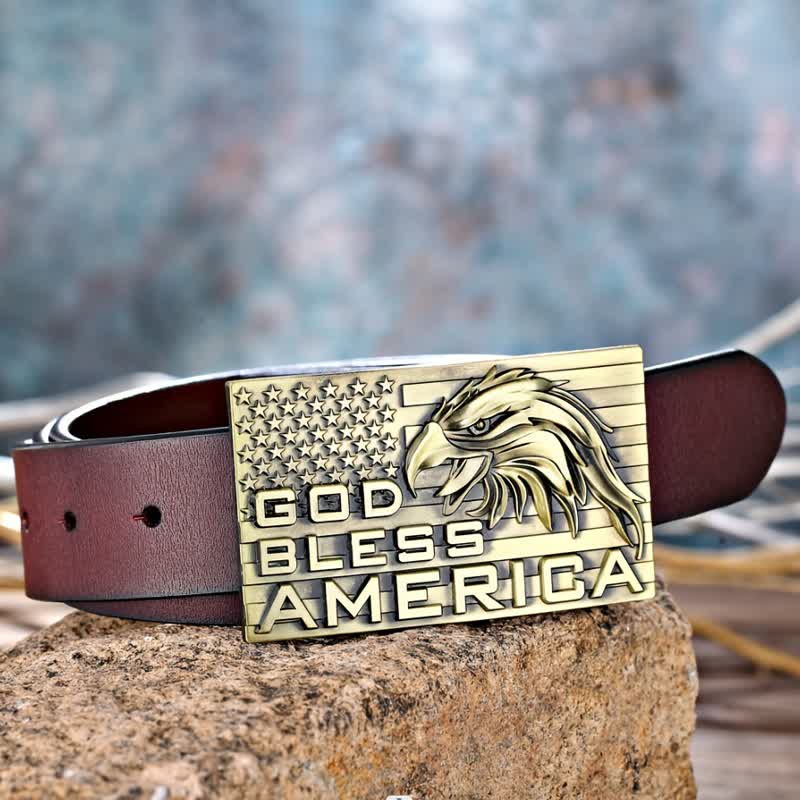Cinturón de cuero con hebilla de águila God Bless America para hombre, hecho a mano