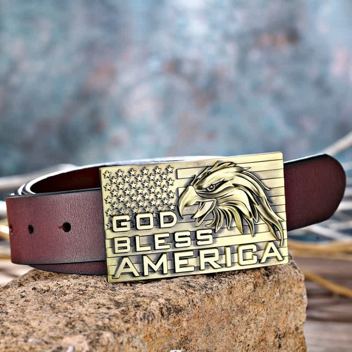 Cinturón de cuero con hebilla de águila God Bless America para hombre, hecho a mano