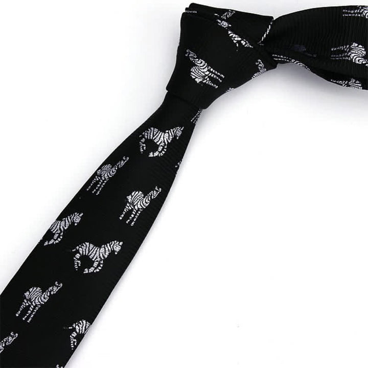 Corbata de sarga ajustada negra con motivos de cebra para hombre