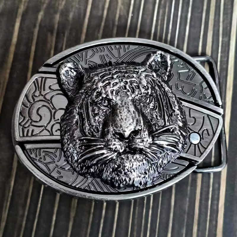 Cinturón de cuero con cuchillo plegable oculto con cabeza de leopardo para hombre
