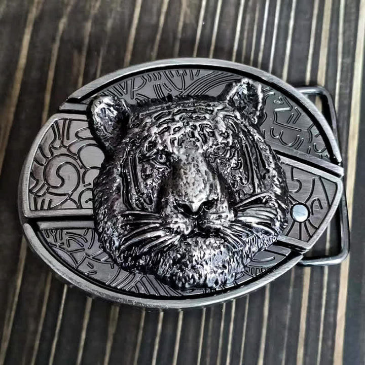 Cinturón de cuero con cuchillo plegable oculto con cabeza de leopardo para hombre