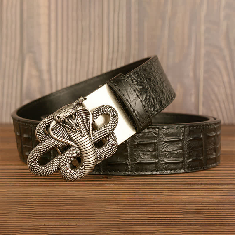 Cinturón de piel de cocodrilo con diseño de cobra rizada para hombre