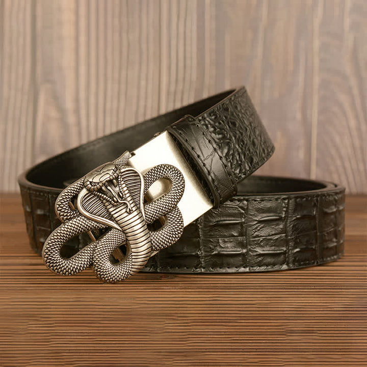 Cinturón de piel de cocodrilo con diseño de cobra rizada para hombre