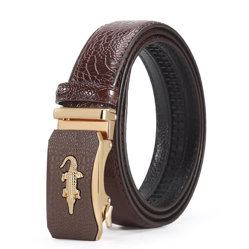 Cinturón de cuero con trinquete y hebilla con relieve de cocodrilo para hombre