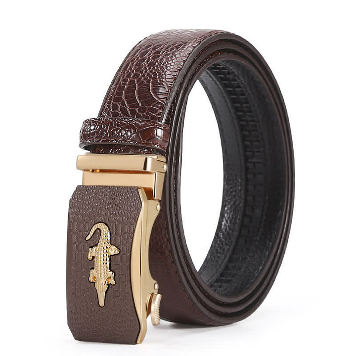 Cinturón de cuero con trinquete y hebilla con relieve de cocodrilo para hombre