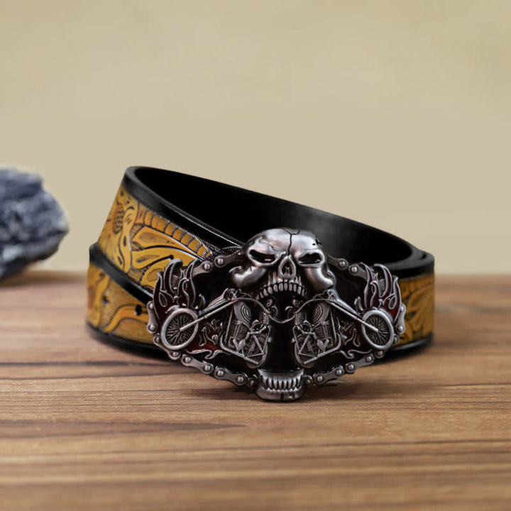 Cinturón de cuero con hebilla de cabeza de fantasma de motocicleta y calavera para hombre