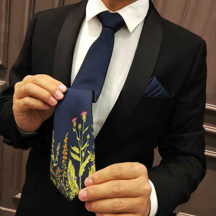 Corbata de hombre azul marino con estampado de flores