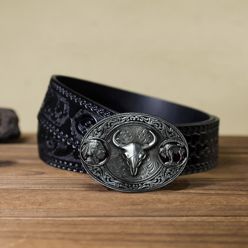 Cinturón de cuero con hebilla de calavera típica del oeste para hombre hecho a mano
