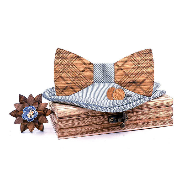 Juego de 4 pajaritas clásicas de madera a cuadros para hombre