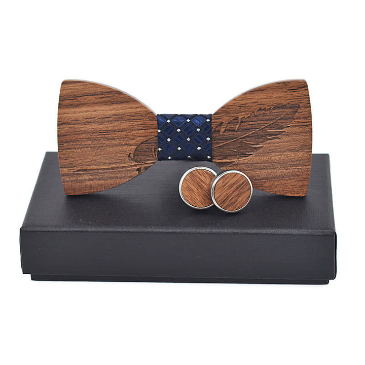 Juego de 2 pajaritas de madera con grabado de plumas para hombre
