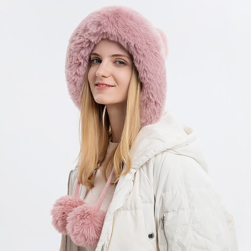 Gorro de punto grueso y cálido con tres pompones para mujer - Rosa - Ajustable (21 5/8"-23 5/8") - image 6