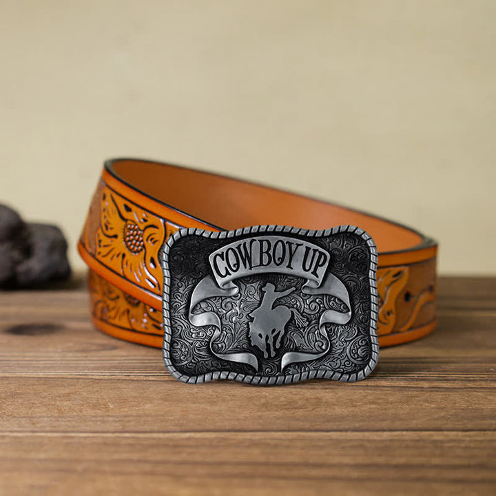 Cinturón de cuero con hebilla de caballo de rodeo para hombre, hecho a mano, con diseño de vaquero
