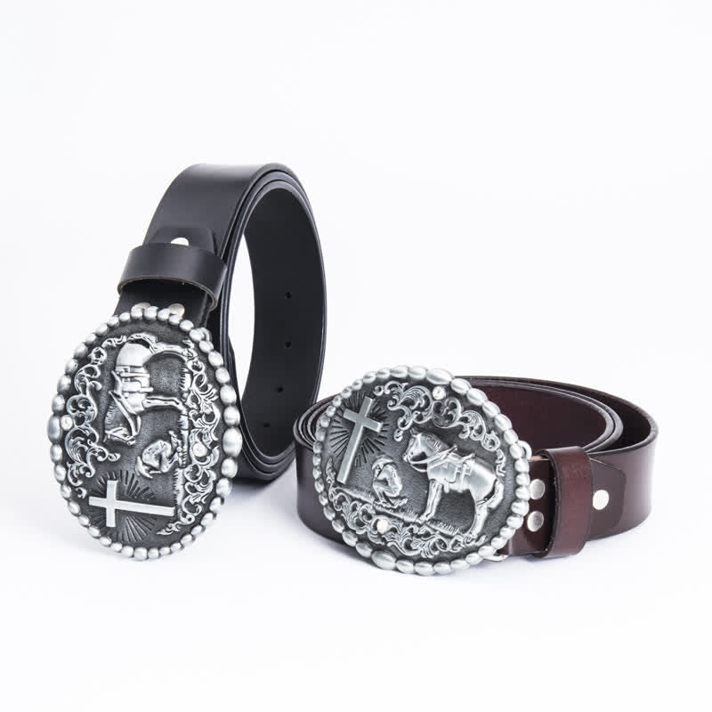 Cinturón de cuero con cruz de corcel para oración arrodillada para hombre