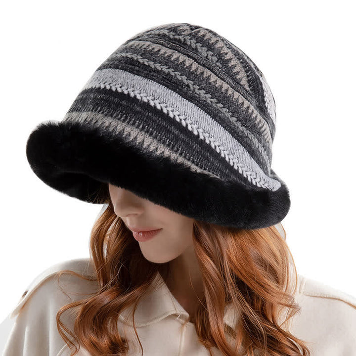 Sombrero de pescador con ala de felpa cálida y rayas para mujer