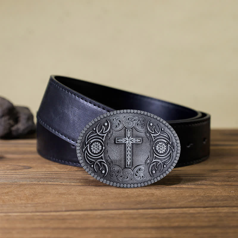 Cinturón de cuero con hebilla floral y cruz de fe para hombre, hecho a mano