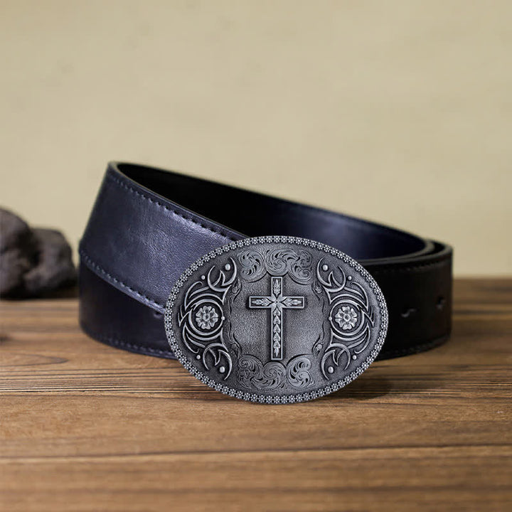 Cinturón de cuero con hebilla floral y cruz de fe para hombre, hecho a mano