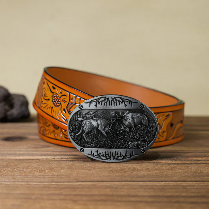 Cinturón de cuero estilo western con hebilla de ciervo salvaje para hombre, hecho a mano