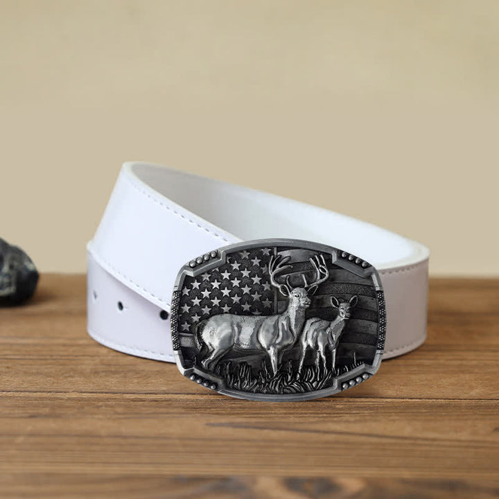 Cinturón de cuero con hebilla de bandera estadounidense para hombre, hecho a mano, con diseño de ciervos