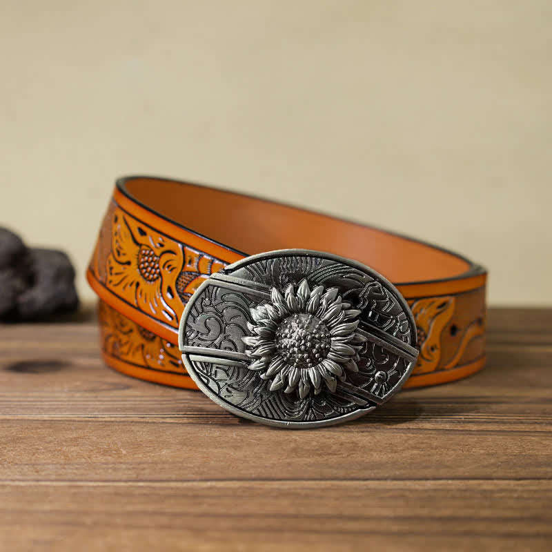 Cinturón de cuero con cuchillo plegable oculto de girasol para hombre