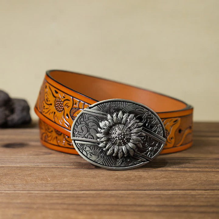 Cinturón de cuero con cuchillo plegable oculto de girasol para hombre