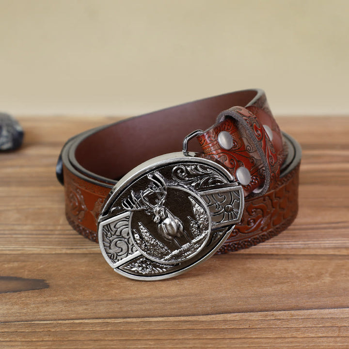 Cinturón de cuero con cuchillo plegable oculto con diseño de ciervo del bosque para hombre
