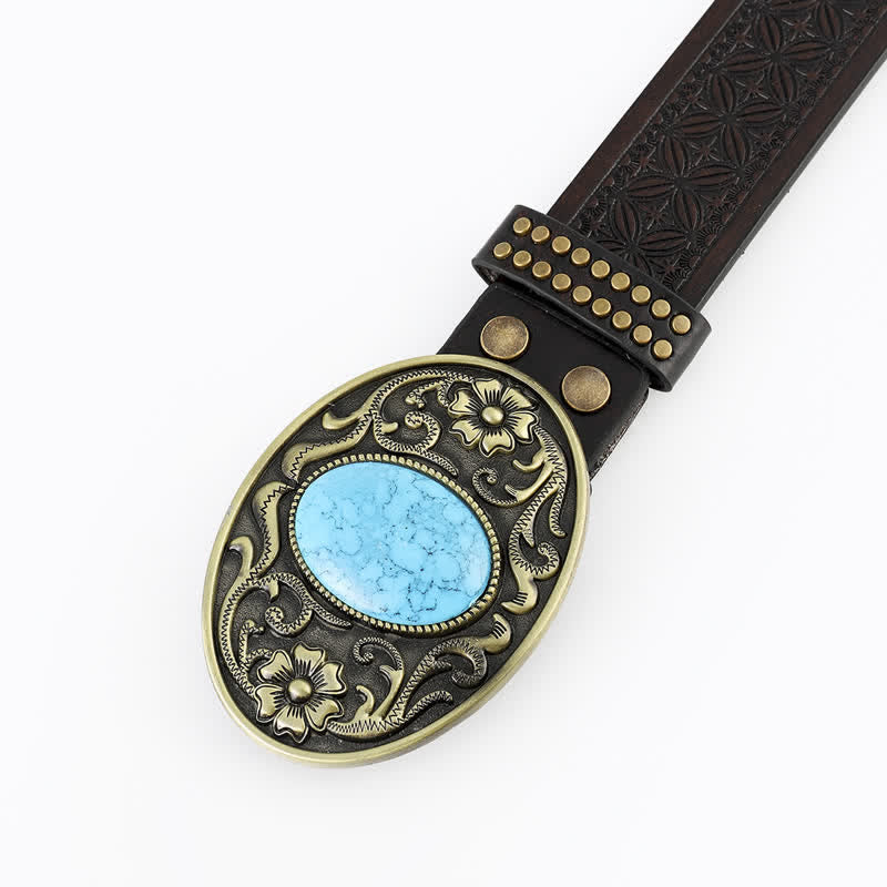 Cinturón de piel turquesa ovalado estilo bohemio para hombre