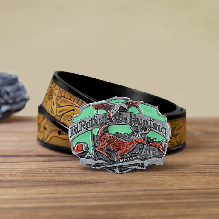 Cinturón de cuero con hebilla para hombre, hecho a mano, con diseño de ciervos en la naturaleza