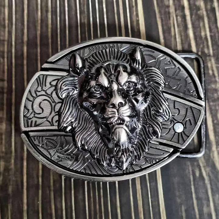 Cinturón de cuero con cuchillo plegable oculto con insignia de león para hombre