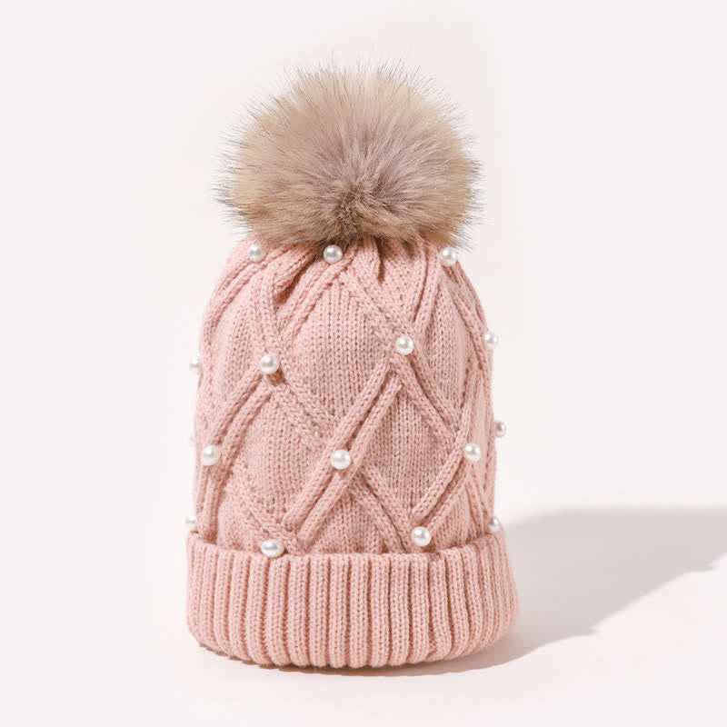 Gorro de punto elástico con pompones y perlas para mujer