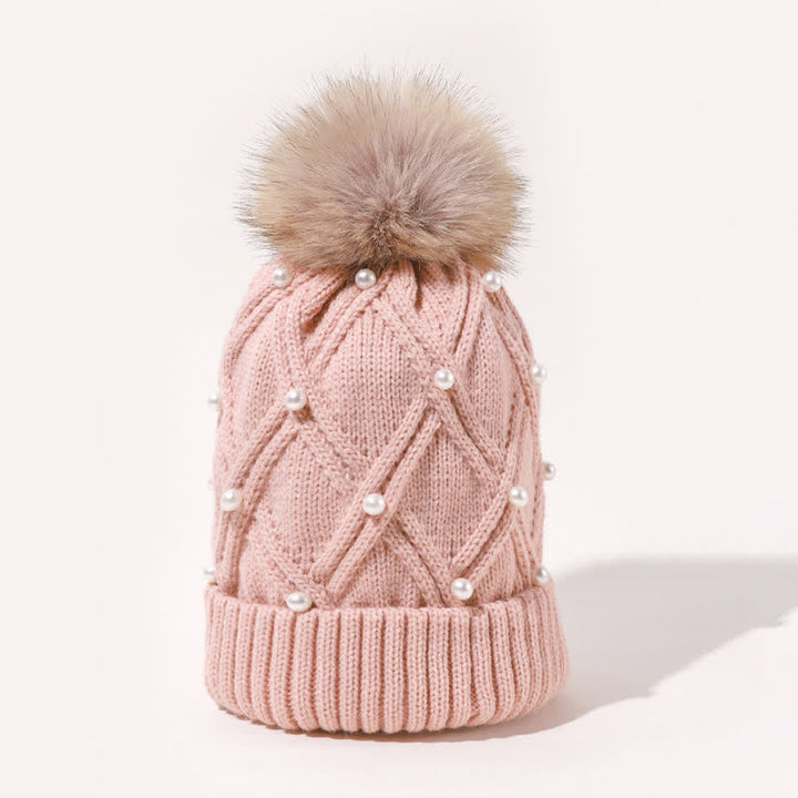 Gorro de punto elástico con pompones y perlas para mujer