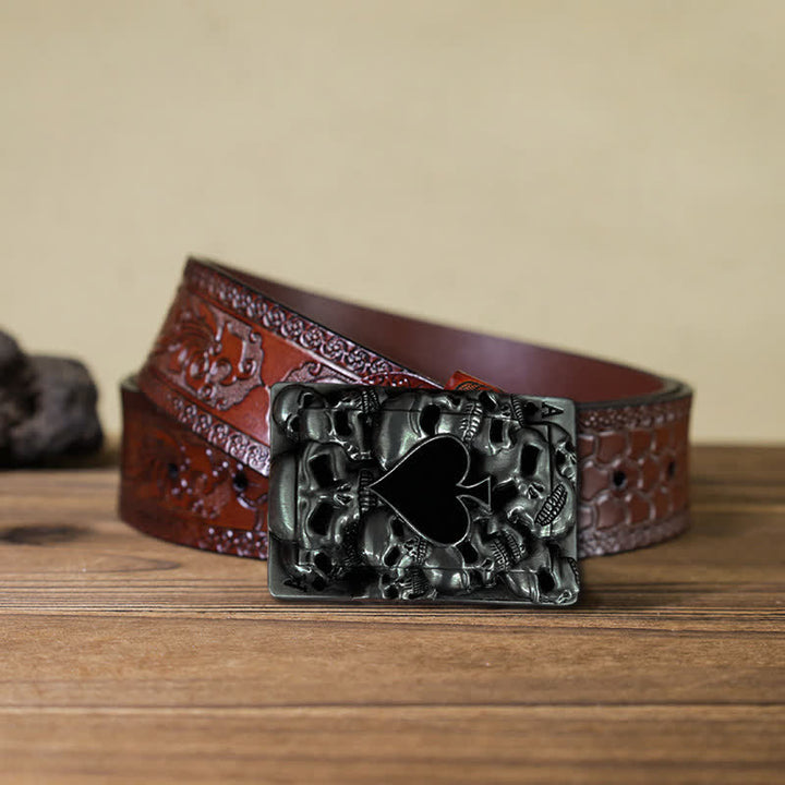 Cinturón de cuero con hebilla de as de espadas y calavera para hombre, hecho a mano