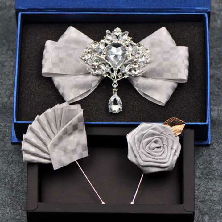 Juego de 3 broches y pajaritas con diamantes de imitación a cuadros