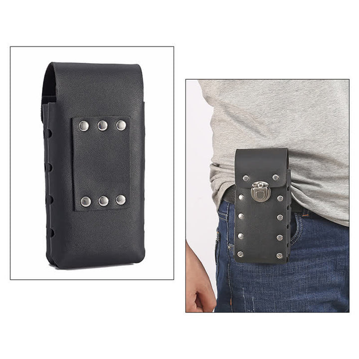 Cinturón de cuero universal para teléfono con botón decorativo con remaches