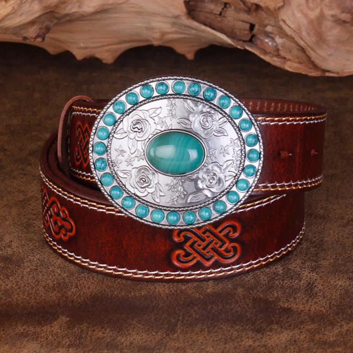 Cinturón unisex de piel de ágata de jade y turquesa rosa tallada