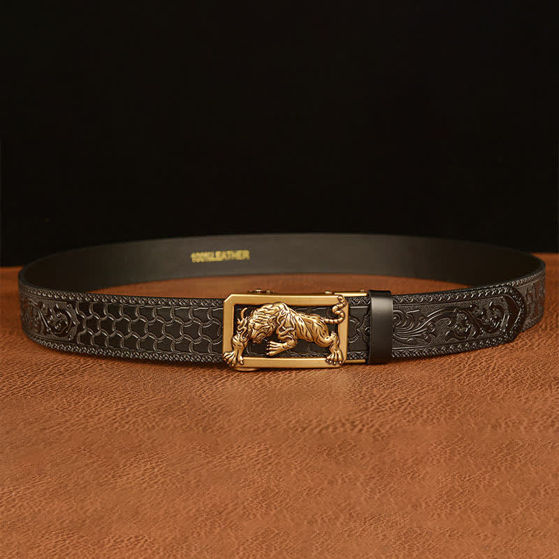 Cinturón de cuero con estampado floral y hebilla de tigre para hombre