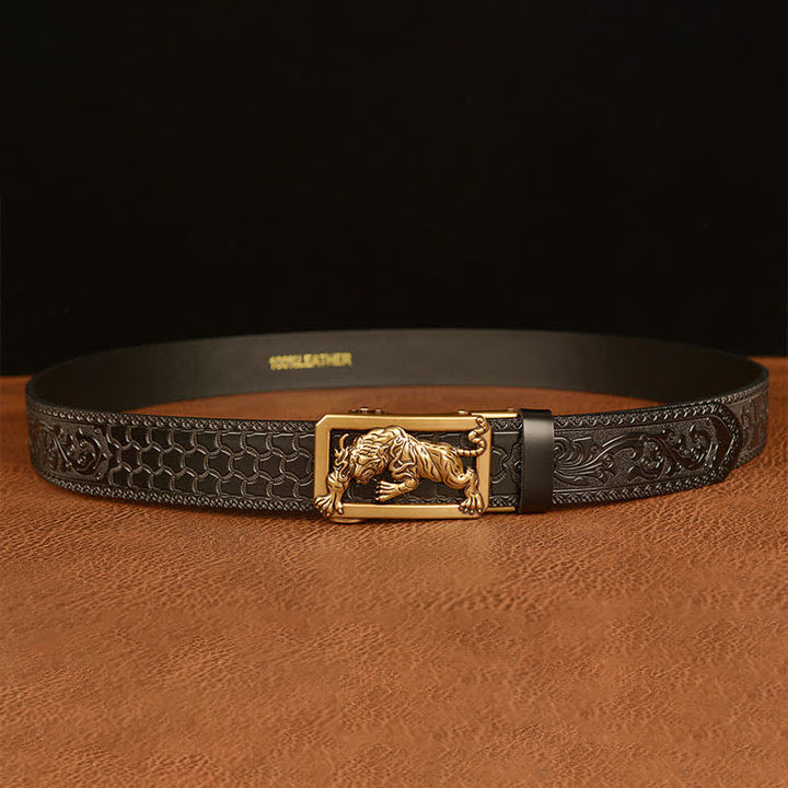 Cinturón de cuero con estampado floral y hebilla de tigre para hombre