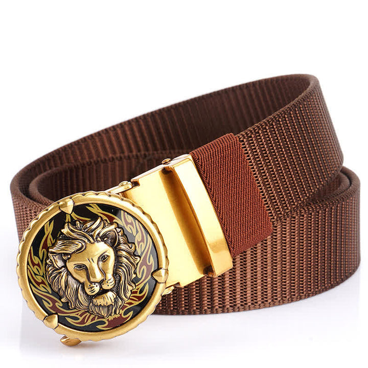 Cinturón de nailon práctico con estampado de cabeza de león para hombre - Marrón / Dorado - 48" - image 12