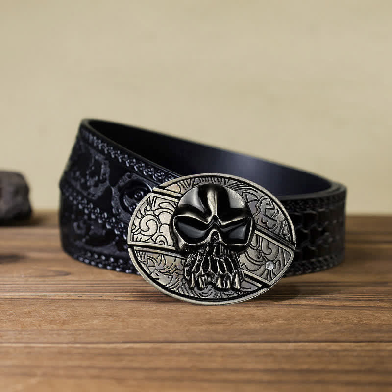 Cinturón de cuero con cuchillo plegable oculto con cabeza de calavera para hombre