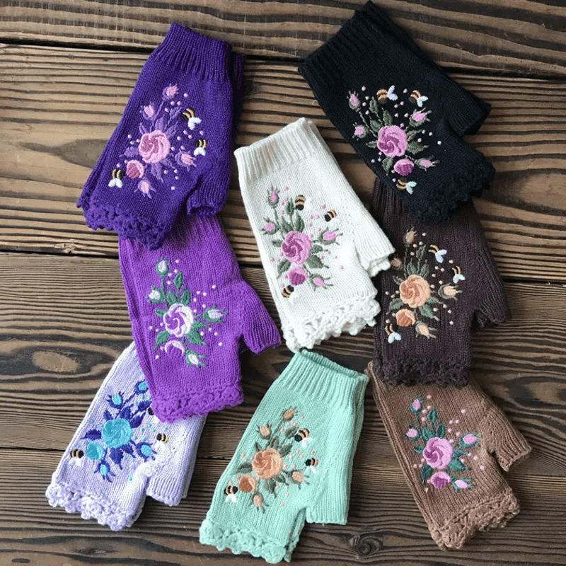 Guantes de punto de medio dedo con bordado de flores para mujer